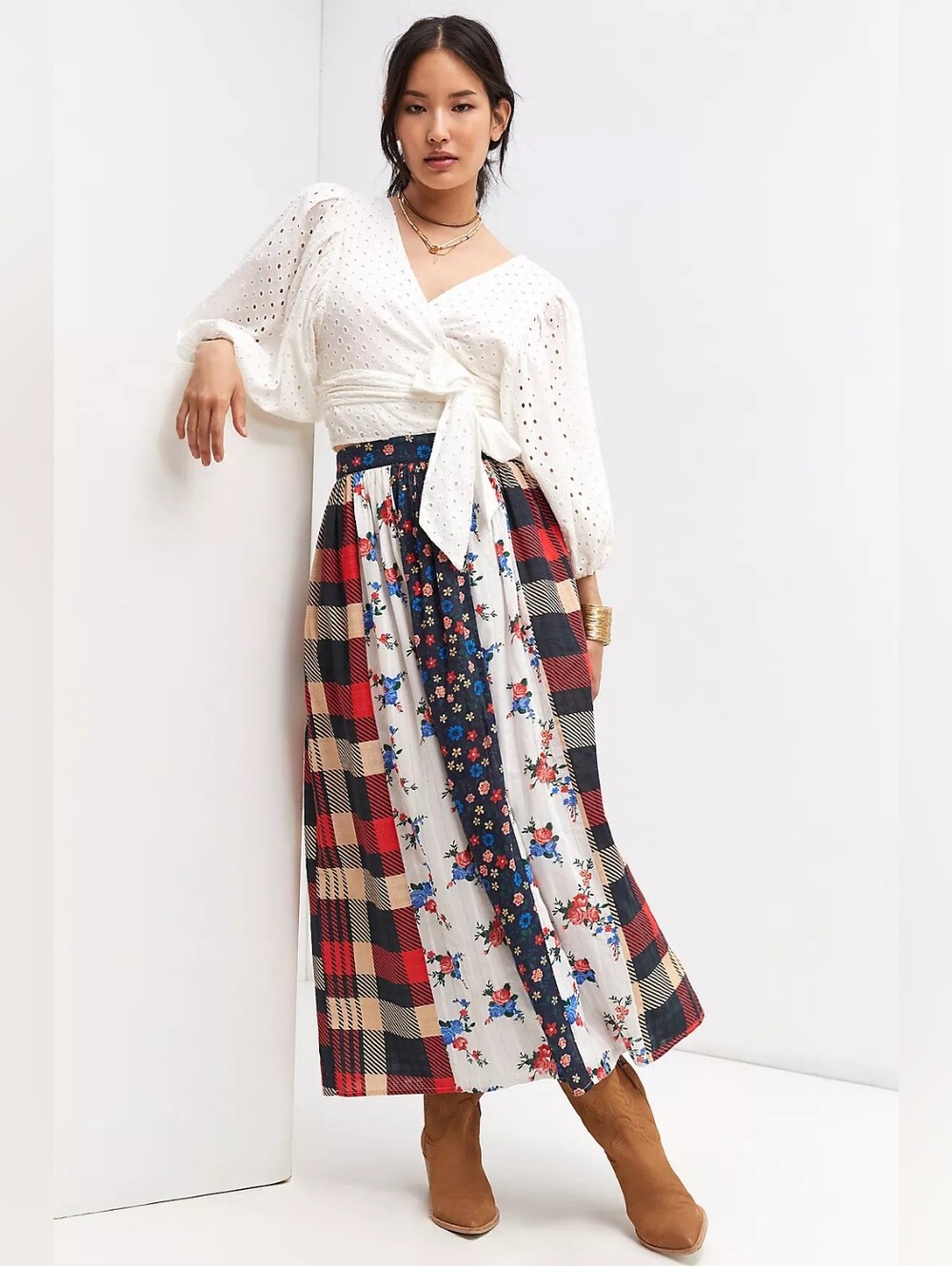 NWT Let Me Be Anthropologie Patchwork Floral Plaid Maxi Skirt XS